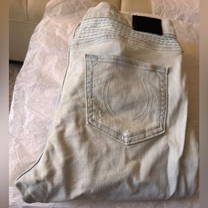 RARE TRUE RELIGION HALLE MID RISE SUPER SKINNY MOTO DENIM LIGHT BLUE JEANS SZ 29